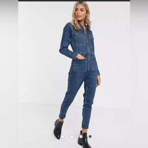 Free People Lennox medium wash‎ blue denim jeans utility Jumpsuit size large new